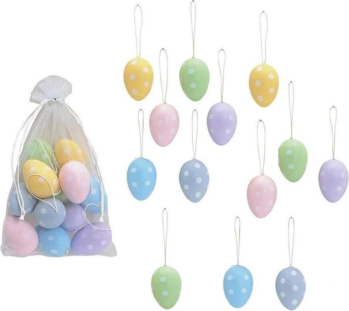 24x stuks Paaseieren hangdecoratie Pasen thema vrolijke kleurenmix met stippen 6 cm - Pasen thema Paastakken versiering