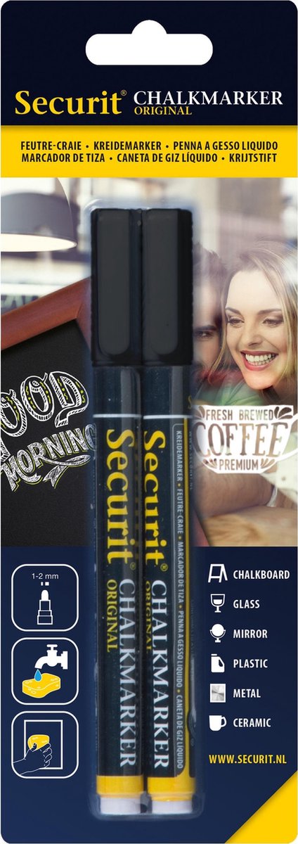 2x Zwarte ste vloeibare krijtstiften ronde punt 1-2 mm - Krijtstiften/hobby artikelen/kantoor benodigheden