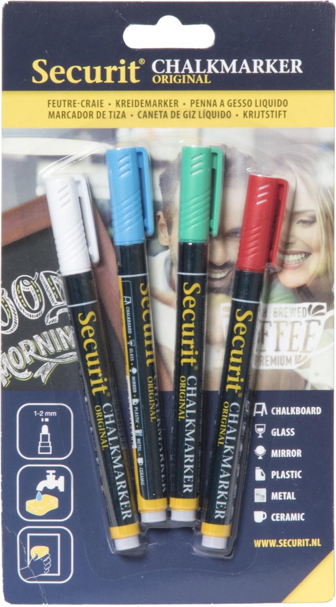 4x Gekleurde ste vloeibare krijtstiften ronde punt 1-2 mm - Krijtstiften/hobby artikelen/kantoor benodigheden