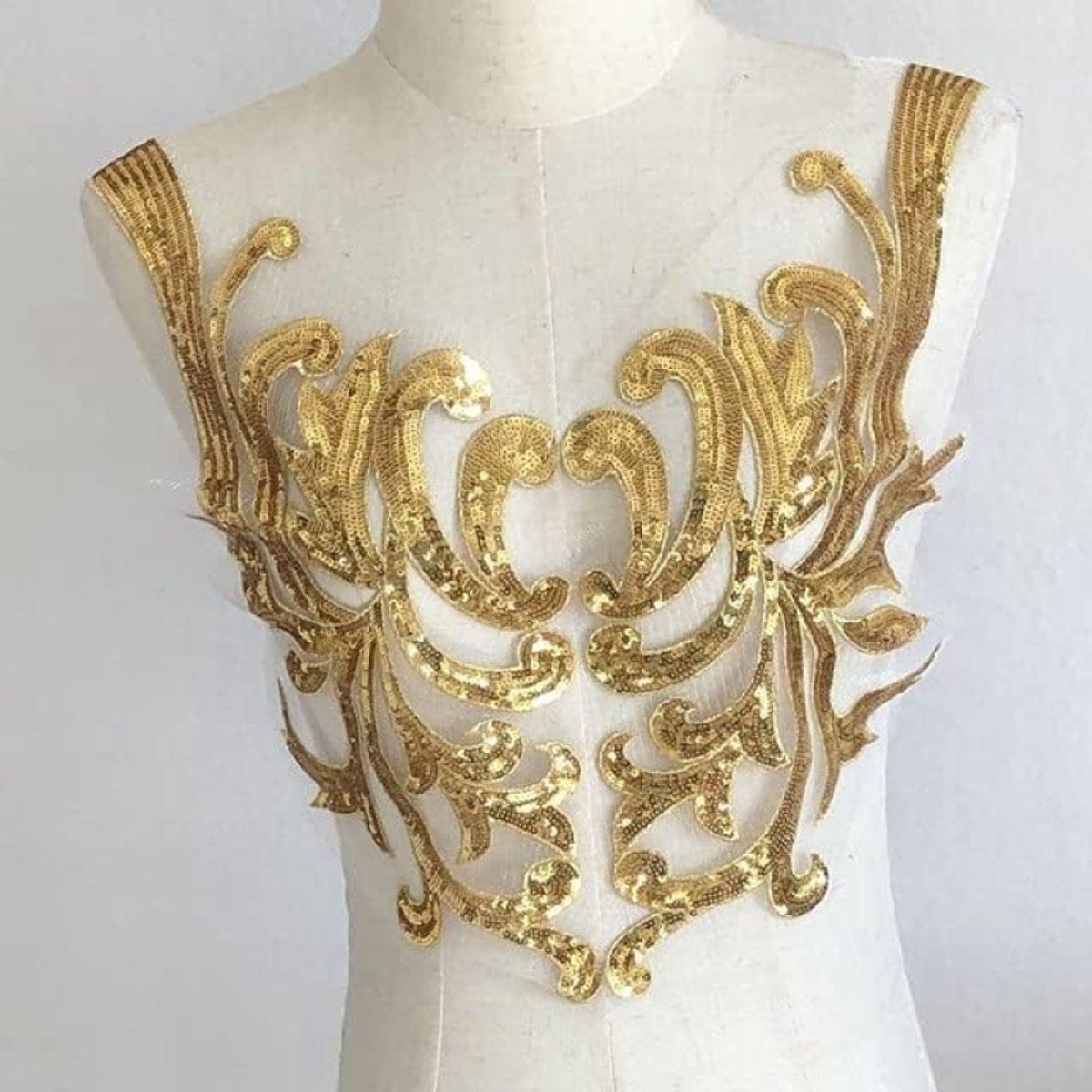   ® Goud Borduurwerk Kant Applicatie Patch Goud Pailletten Kant Hals Kraag Bruiloft DIY Bruidsjurk Decoratie