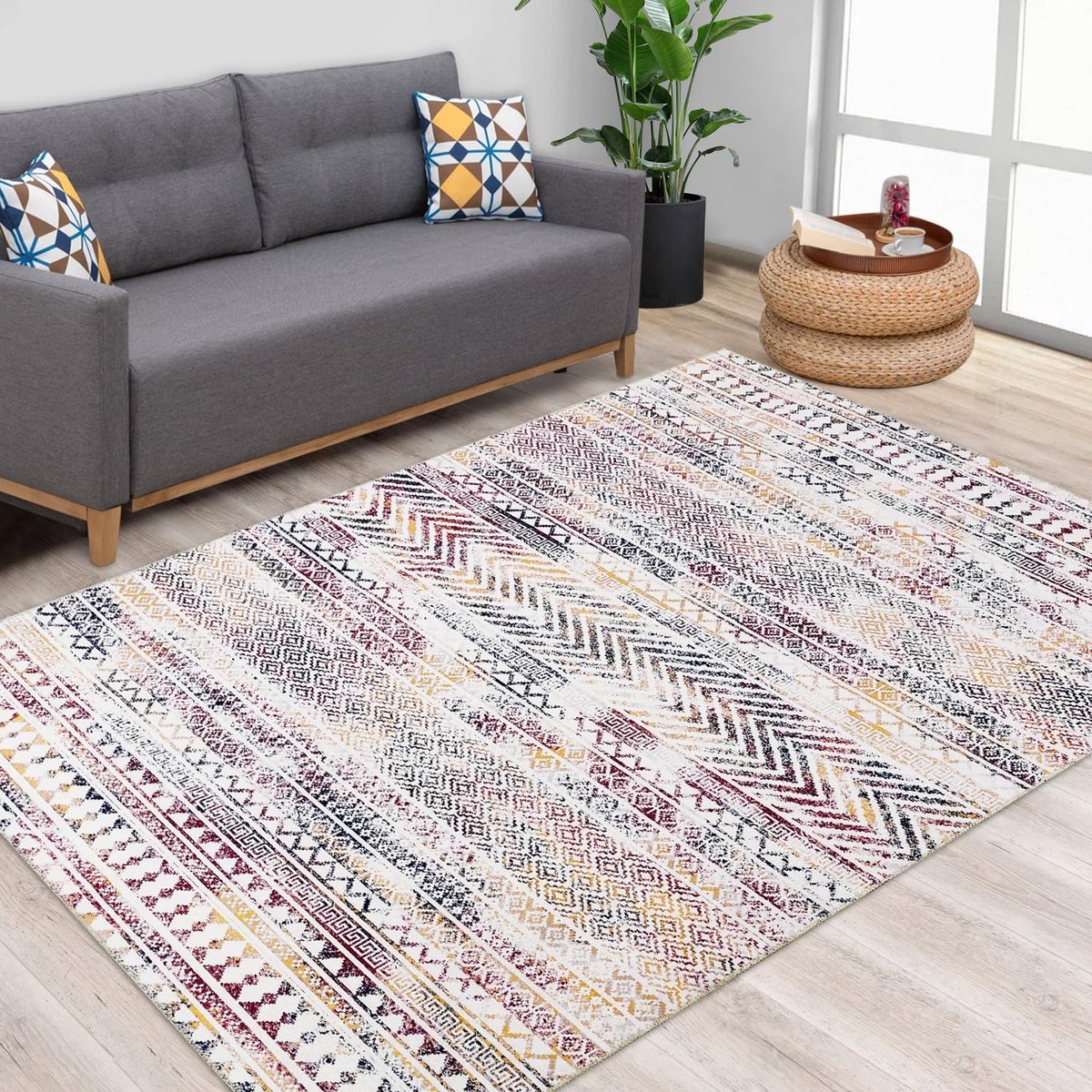Selbro ® Moderne Boho Vloerkleed met Bloemenpatroon, Vlekbestendig en Waterdicht, Voor Huis en Kantoor, 160 x 200 cm