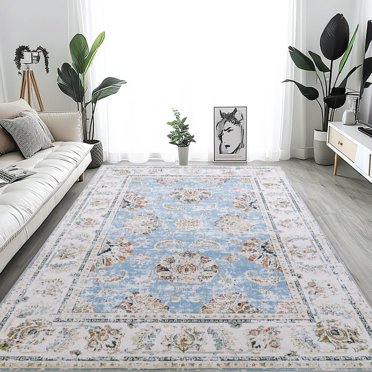 Selbro ® Stijlvol Blauw Vloerkleed met Bloemenmotief, 90 x 150 cm, voor Diverse Kamers