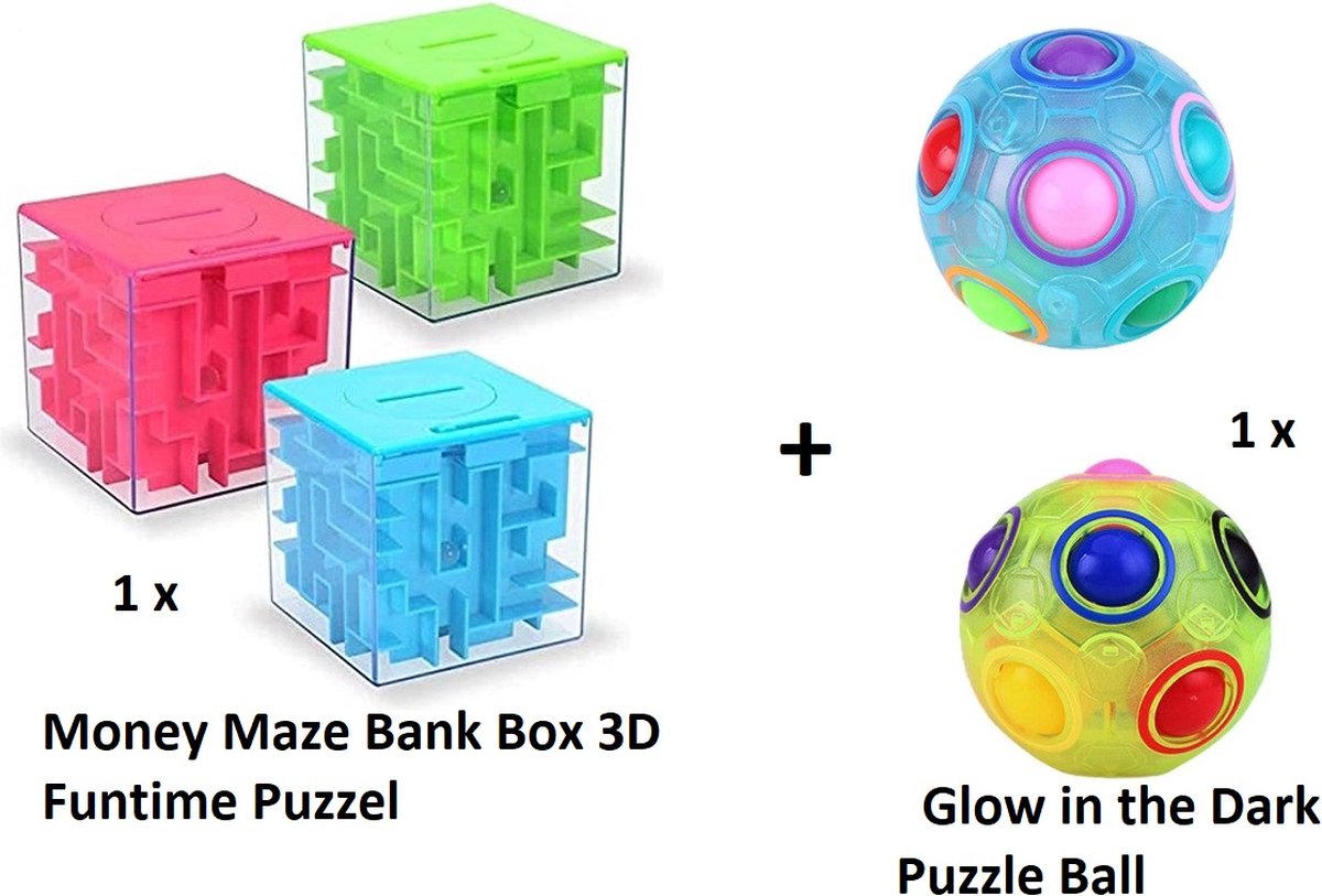 Money Maze Bank Box 3D Funtime Puzzel + Puzzel bal - Glow in the dark - Fidget Toy - Puzzle Ball