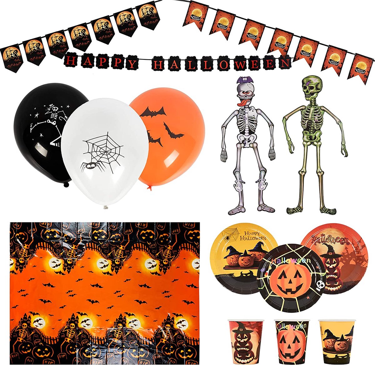 80 Stuks Halloween Partyset, Feestservies en Decoratie voor 12 Gasten - Bordjes, Feestbekers, Tafelkleed, Ballonnen, Spandoeken, Skeletten - Kinderfeestjes