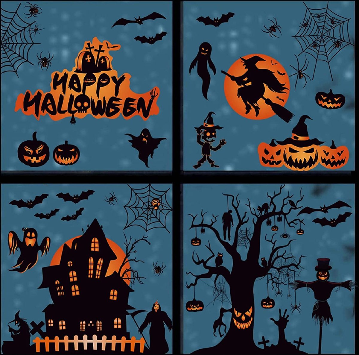 99 stuks Halloween raamklampt stickers 8 vellen Halloween vleermuizen spinnen dubbelzijdig verwijderbaar kasteel statische stickers sticker voor Halloween partij raamdecoratie (zwart)