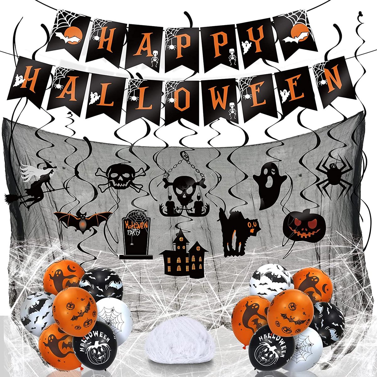 Halloween decoratie feestdecoratieset - slinger, hangende Halloween spiralen, Halloween decoratiestof doek, ballonnen, spinnenweb Halloween decoratie, griezelig feest voor woning, Halloween, kinderfeest decoratie