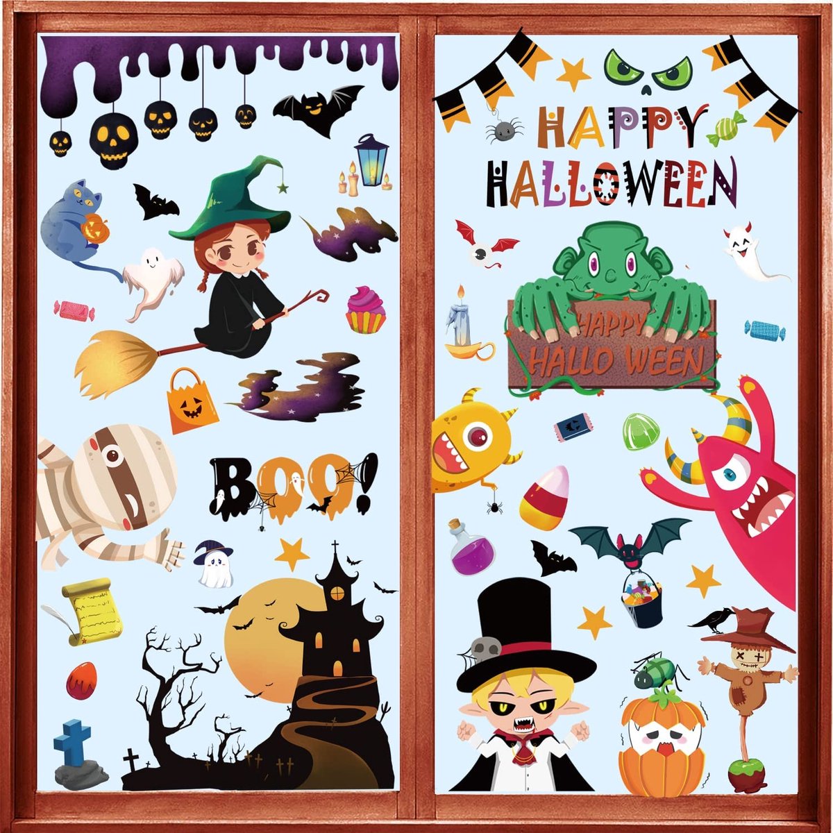 Halloween raamsticker set, 9 vellen Halloween raamafbeeldingen, zelfklevende vleermuis, kat, hek, spoken, pompoen, raamsticker, muursticker voor halloween decoration outdoor