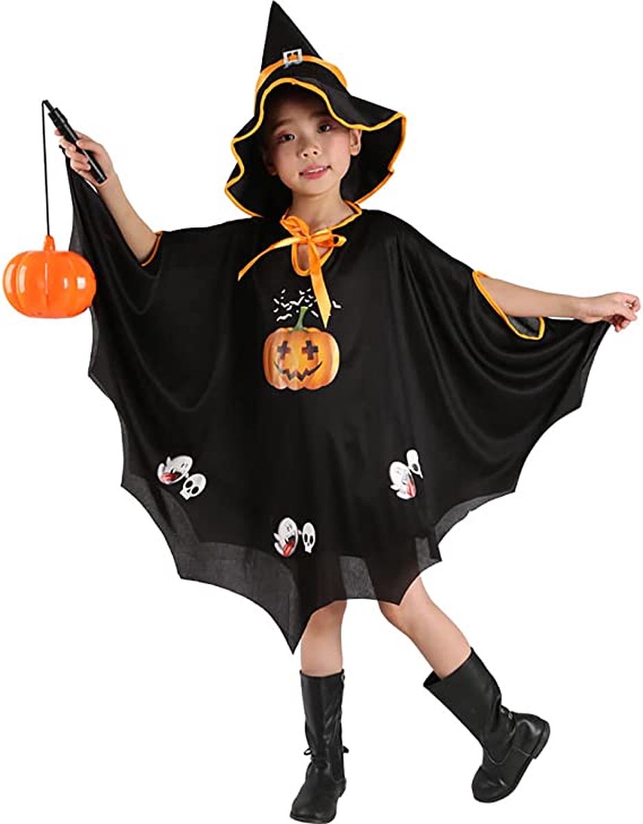 Halloweenkostuum voor kinderen, carnavalskostuum, heksenkostuum, pompoen, vleermuiscape kostuum, zwarte cape met hoed voor Halloween, cosplay, party, ideaal voor lengte 90-150 cm