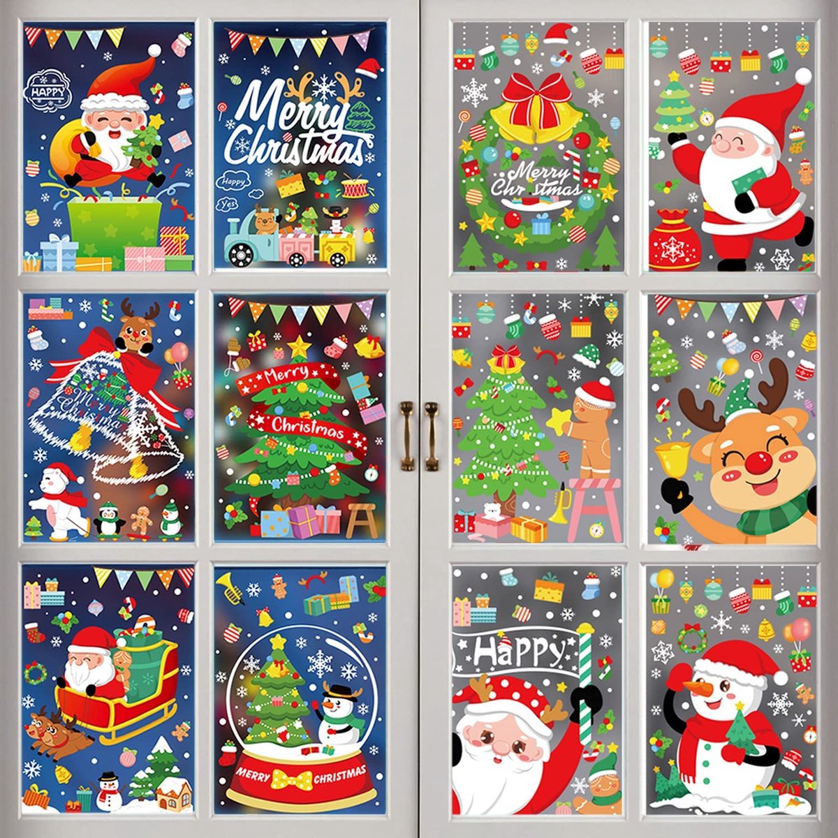 Kerst Raamstickers, Kerst Venster Stickers Kerstmis Raamstickers Glas Stickers PVC Raamstickers Zelfklevende Raamdecoratie Kerstman Muursticker Kerststickers voor Venster Display 12 Vellen