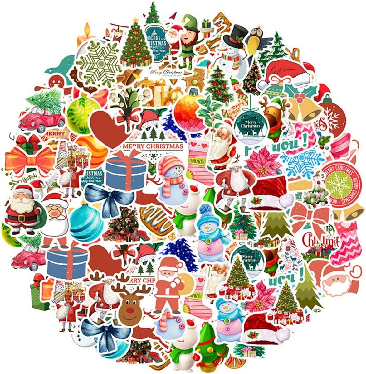 Kerststickers, 100 stuks, kerststickers, kerstman, sneeuwvlok, eland, waterdichte stickers voor skateboard, auto, motorfietsen, fiets, bagage, laptop koffer
