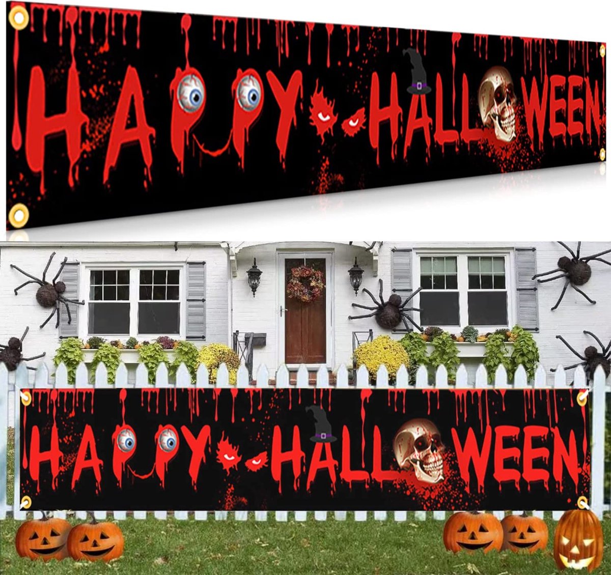 Selwo Happy Halloween Banner Decoraties met Pompoen Bloedige Handafdruk Voetafdruk Vleermuis Maan Ontwerp, 300x50 cm Halloween Decoratie Tuin voor Halloween Enge Horror Feest