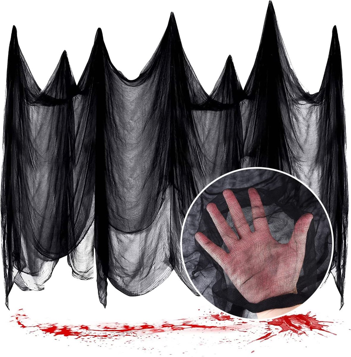 Zwart Halloween griezelige doek, 200 x 500 cm, zwart katoenen garen voor gothic decoratie, super grote spookdoek voor halloweendecoratie, tafel, huisdeur, raamdecoratie, Halloween party terrordecoratie