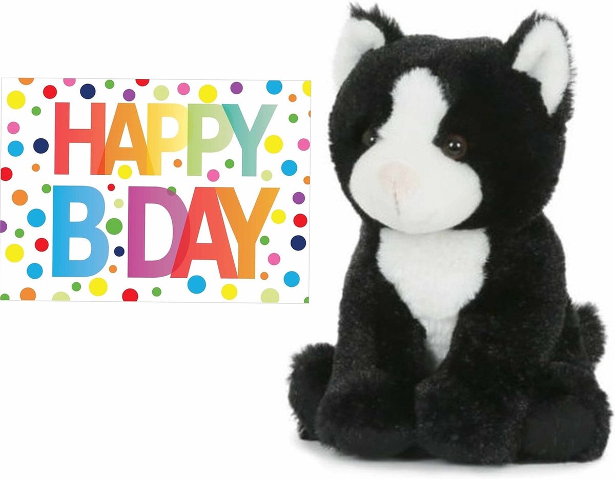 Pluche knuffel kat/poes zwart/wit van 18 cm met A5-size Happy Birthday wenskaart - Verjaardag cadeau setje