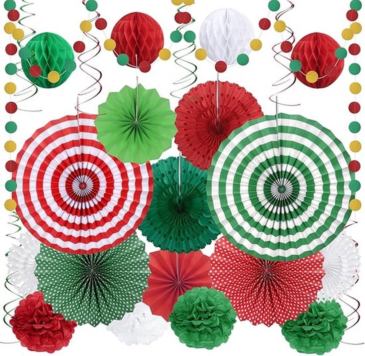 27 stuks rood groen papieren waaiers - Kerstmis - feestdecoraties - papieren pompons - honingraatballen - slingers met stippenketting - spiraal voor Kerstmis - Xmas oudejaarsavond - verjaardag