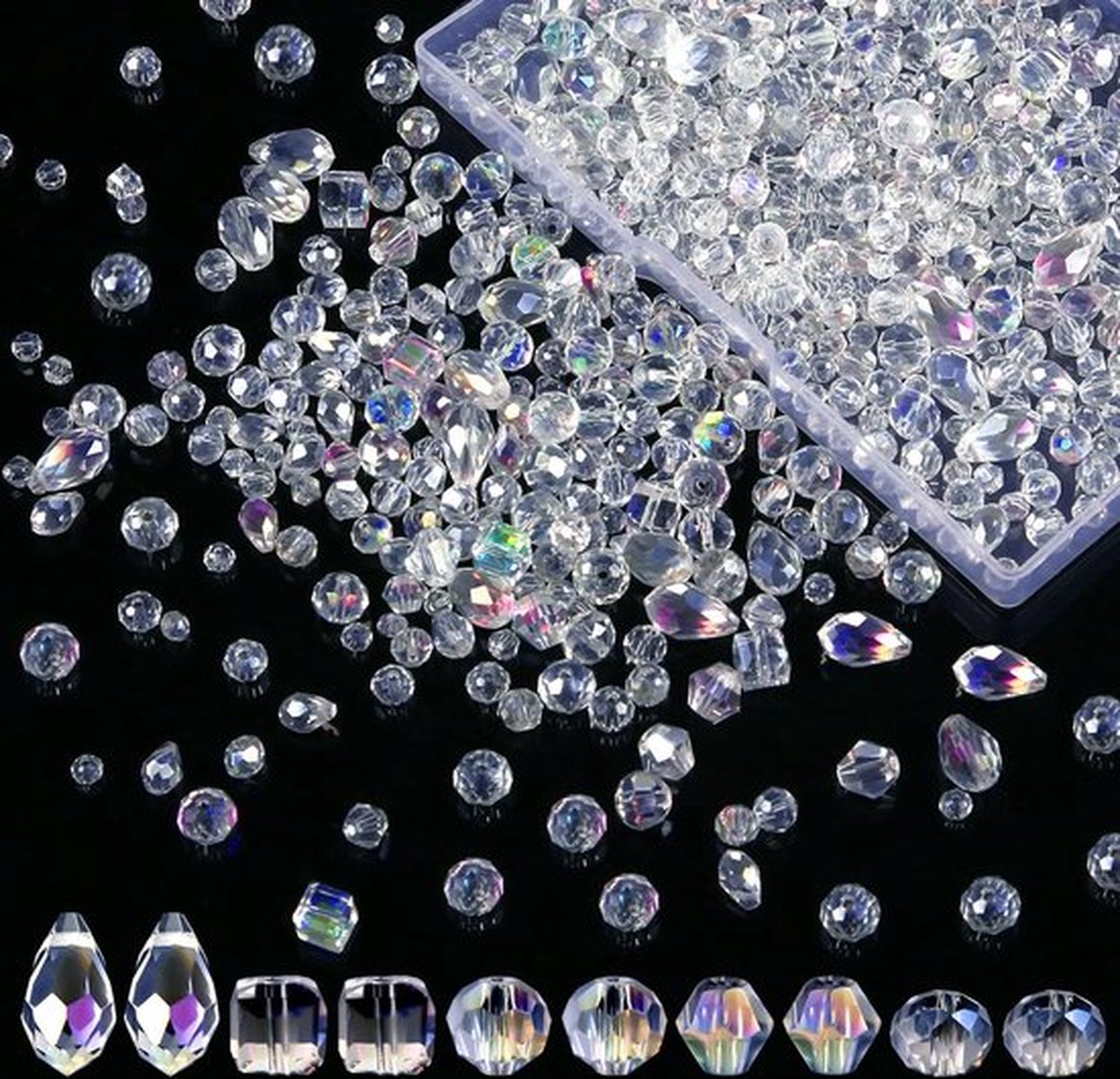 900st Kristal Glas Kralen Set, 4/6/8 mm Losse Glaskralen met Containerdoos Geboorde Kralen voor Doe-Het-Zelf Ketting Oorbel Armband Maken (AB-Kleur)