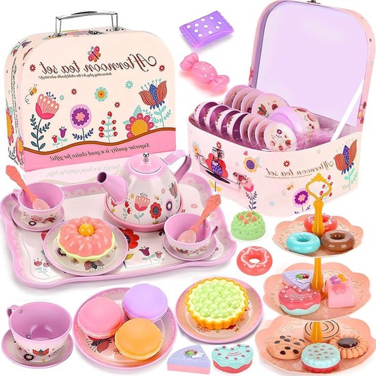 Kinderen Theeset 46 Stuks - Poppen Tafelgerei Kinderkeuken - Tinnen Theepot Set - Speel Keuken Accessoires - Thee Partij Rollenspel - Speelgoed Meisjes 3 4 5 6 7 Jaar Cadeau speelgoed pannenset