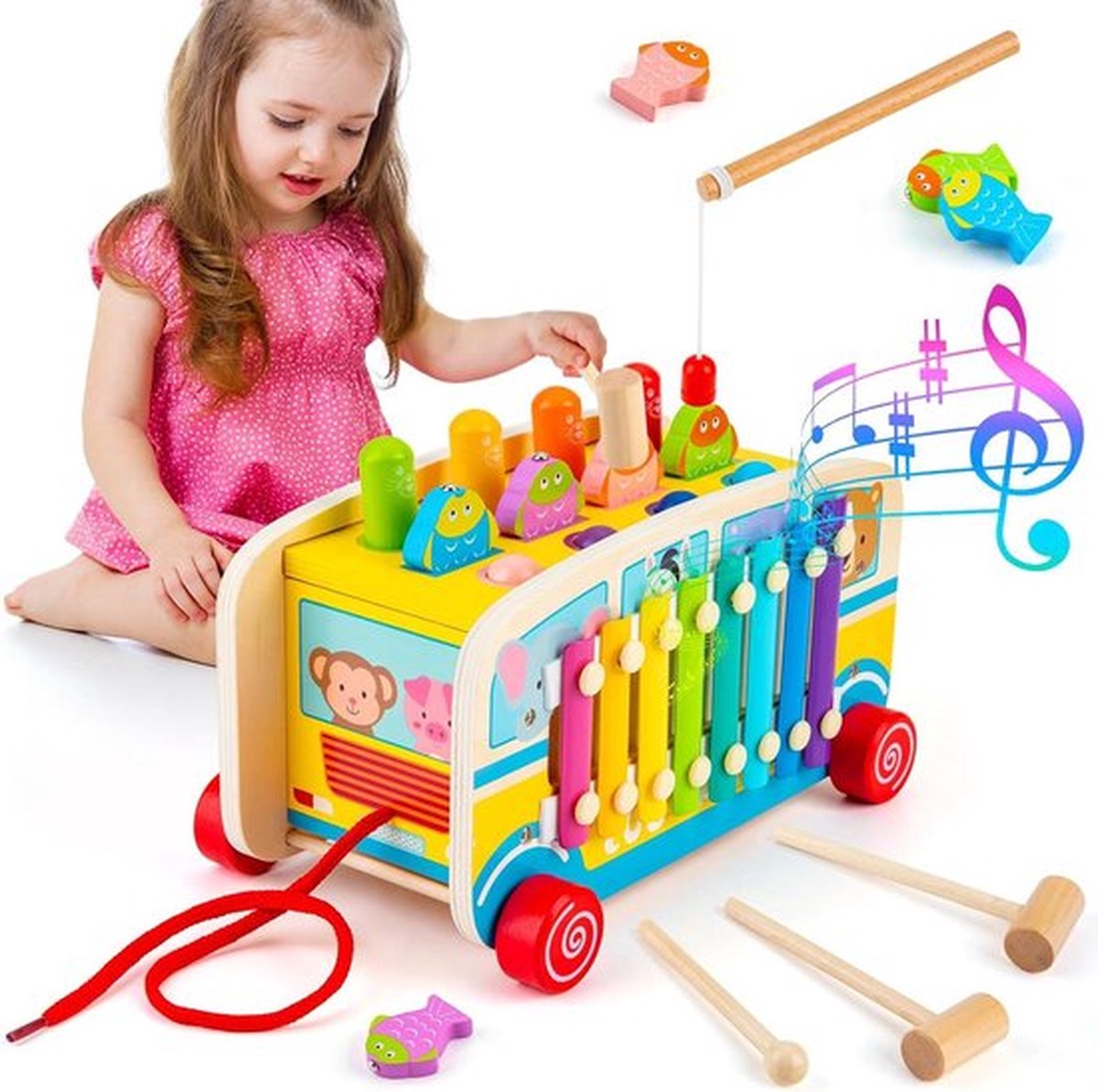 Montessori Speelgoed vanaf 1 jaar - Hamerspel speelgoedkist - Motoriekspeelgoed van hout - Kinderspeelgoed 1 2 3 4 jaar - Verjaardagscadeau meisjes - Bus-versie