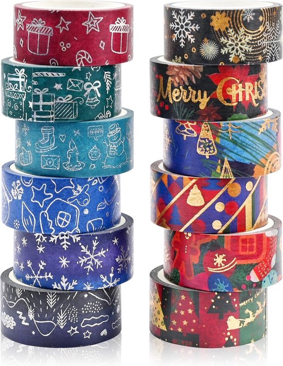 Washi-tape -set van 12 rollen -decoratieband -masking tape -decoratief zelfklevend papier -plakband voor Kerstmis -kunst -handwerk -tape -doe-het-zelf -scrapbooking -planner -geschenkverpakking,