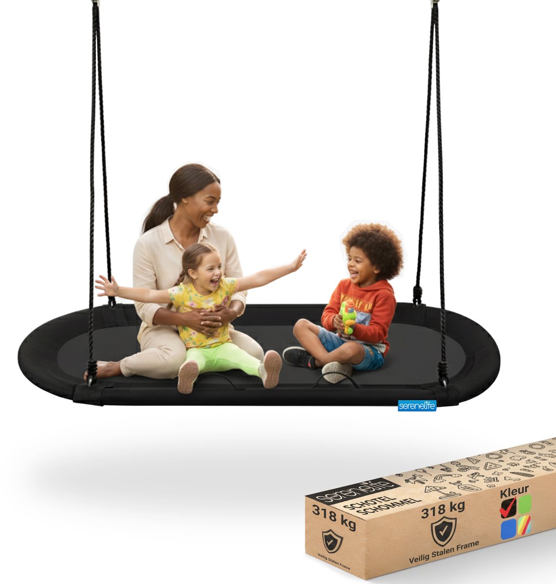 SereneLife Nestschommel Ovaal 170 cm – Buitenschommel met Ophangset, Draagtas & Draaiend Zitvlak – Weerbestendig & Waterafstotend – Tot 317 kg – Zwart