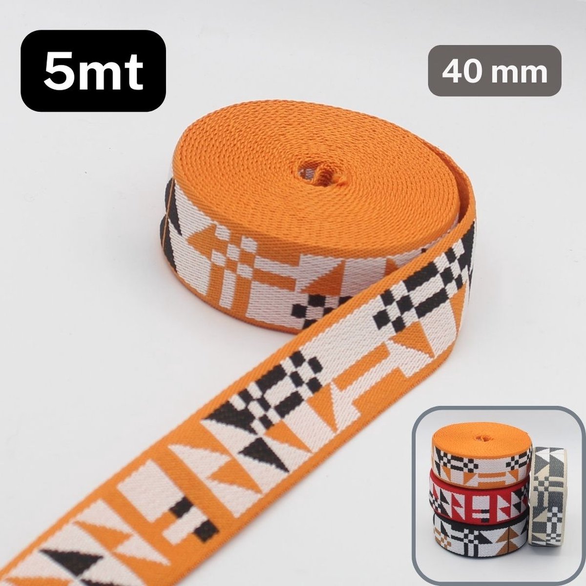 5 Meter SEVENTIES TASSENBAND, Breedte 40MM, Kleur ORANJE/ZWART/WIT 04