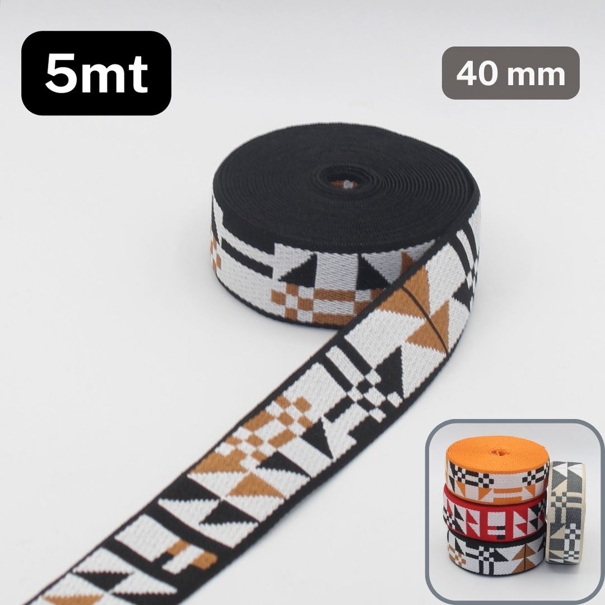 5 Meter SEVENTIES TASSENBAND, Breedte 40MM, Kleur ZWART/CAMEL/WIT 03