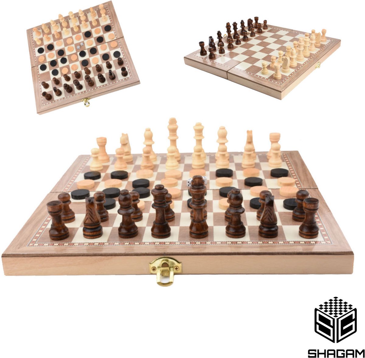 3-in-1 Bordspel - 29 cm - Schaakbord - Dambord - Backgammon - Schaakspel - Schaakset - Schaken - Dammen - Met Schaakstukken - Chess - Hout - Opklapbaar