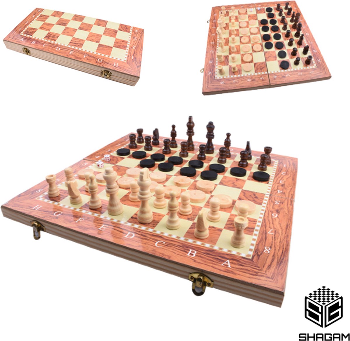 3-in-1 Bordspel - 34 cm - Schaakbord - Dambord - Backgammon - Schaakspel - Schaakset - Schaken - Dammen - Met Schaakstukken - Chess - Hout - Opklapbaar