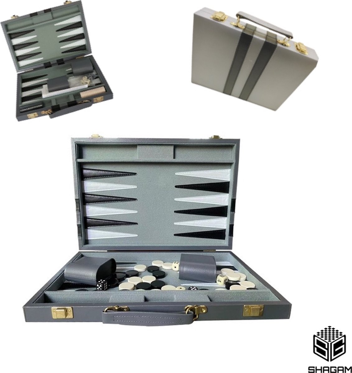 Backgammon Koffer - Backgammon Set - Leer - Reiseditie - Grijs