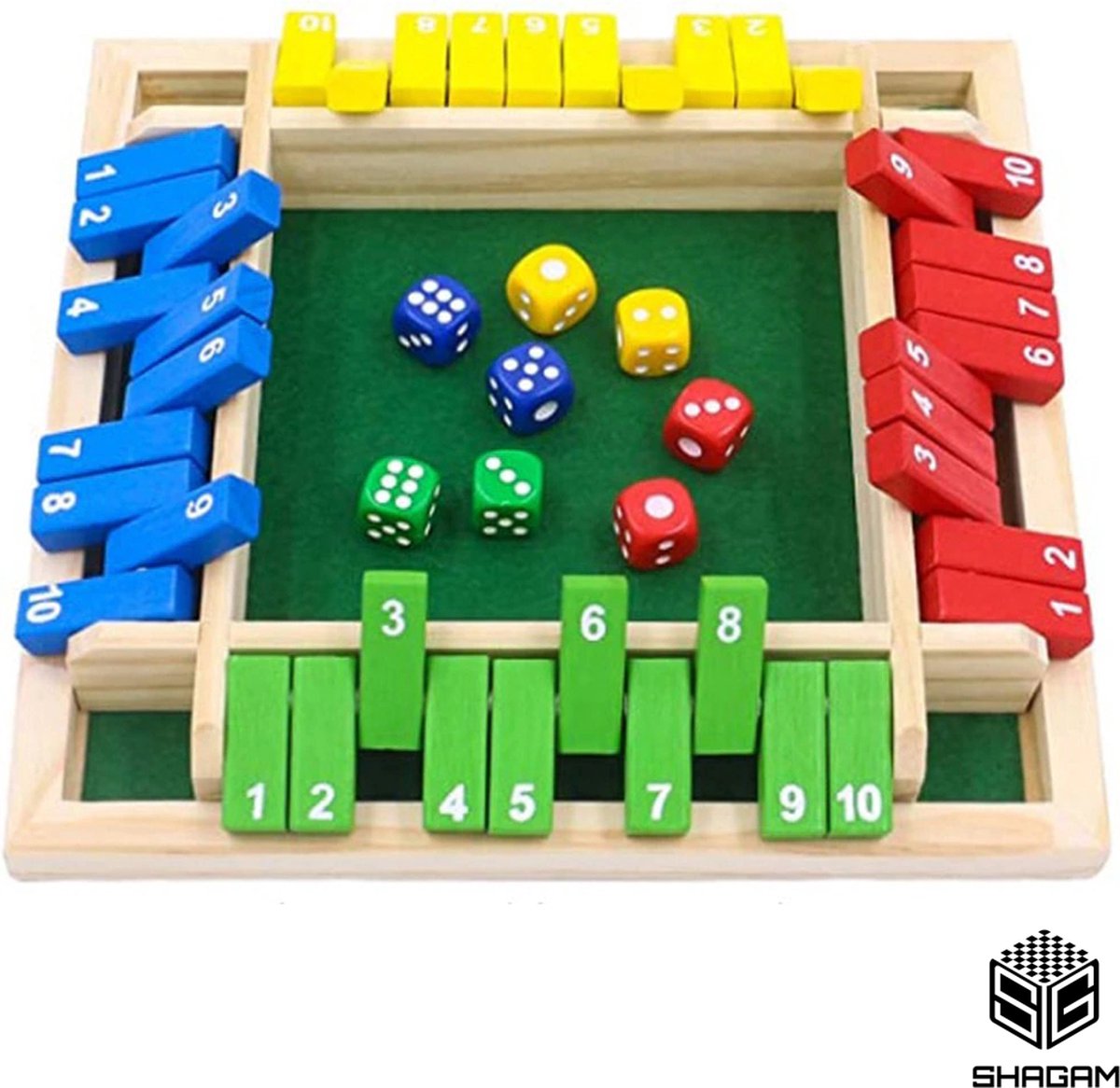 Shut The Box - 4 Spelers - Kleur - Hout - Dobbelspel - Inclusief dobbelstenen - Kansspel - Drankspel - Houten Spel - Reisspel - Rekenspel