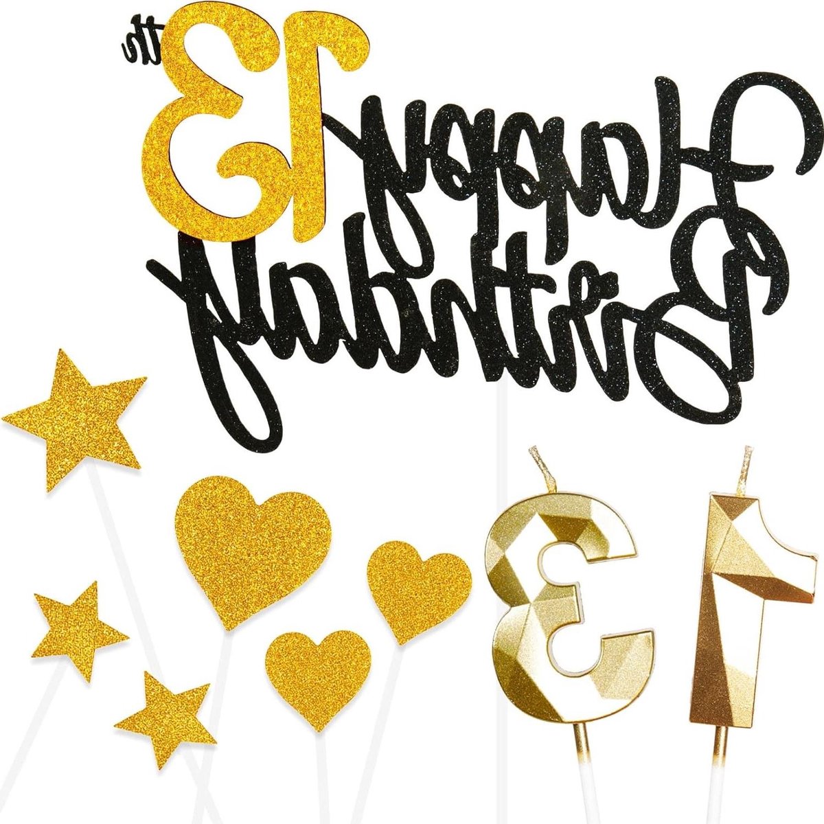 ByShane - Happy 13e verjaardag taarttopper in zwartgoud met 13 verjaardagskaarsen - Set van 9 Toppers voor Meisjes en Jongens