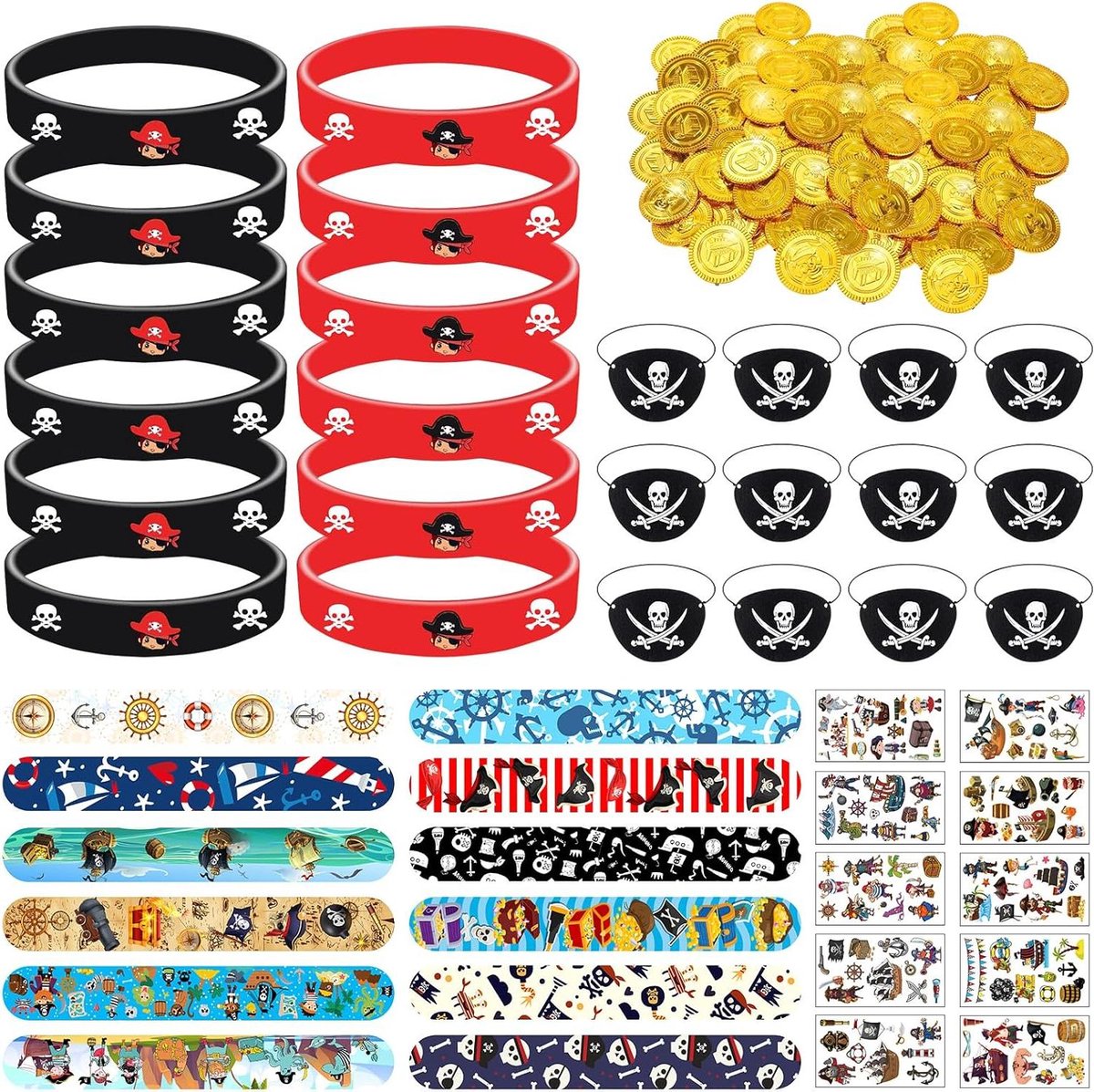 ByShane - Piratendecoratie set voor kinderen - 70 stuks piratenaccessoires - Piratenfeest goodies - Piratenoogklep en munten - Voor kinderverjaardag en themafeest met piraten thema