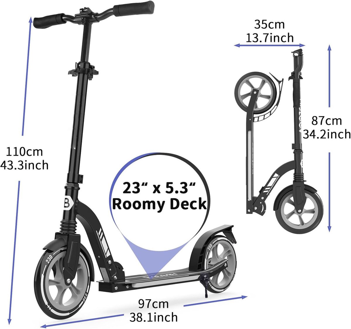 Big Wheel Step Scooter voor Kinderen en Tieners - 2 Wielen - Lichtgevend Deck - Opvouwbaar - 5 Hoogte-instellingen - Lichtgewicht Sport- en Commuter Step - Scootmobiel Stijl - Buiten Speel Step