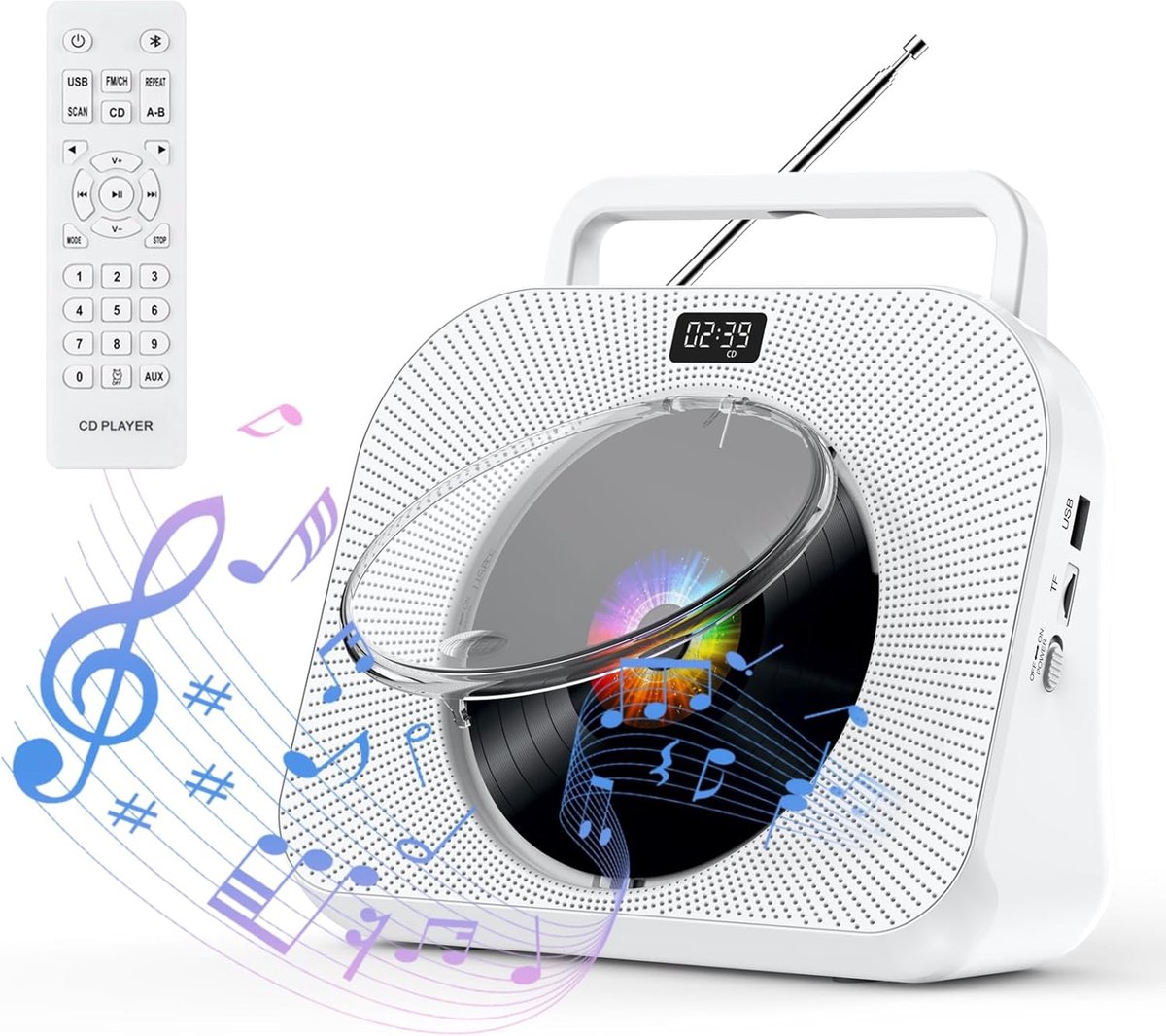 CD Speler voor Thuis - Bluetooth Desktop CD Speler met Luidsprekers, Koptelefoonaansluiting, FM Radio, Boombox met Afstandsbediening, Ondersteunt Alarmklok, Timer, USB, AUX en TF Kaart Afspelen