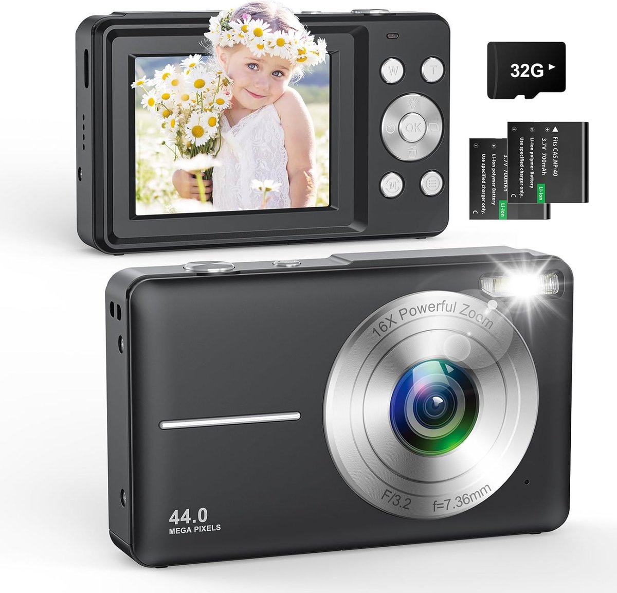 Digitale Camera met 32G Micro SD Kaart - 1080P Kindercamera - 44MP HD Fotocamera - Compacte Camera met 16x Digitale Zoom en 2 Batterijen - Voor Kinderen en Studenten - Zwart