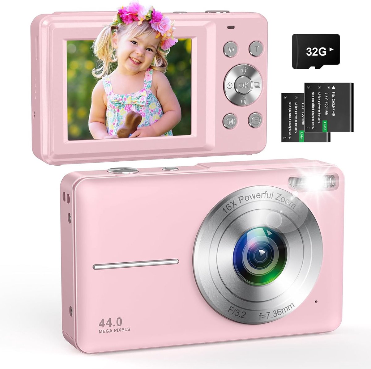 Digitale Camera met 32GB Micro SD Kaart - 1080P Kindercamera - 44MP HD Fotocamera - Compacte Camera met 16x Digitale Zoom en 2 Oplaadbare Batterijen - Ideaal voor Kinderen en Studenten - Roze
