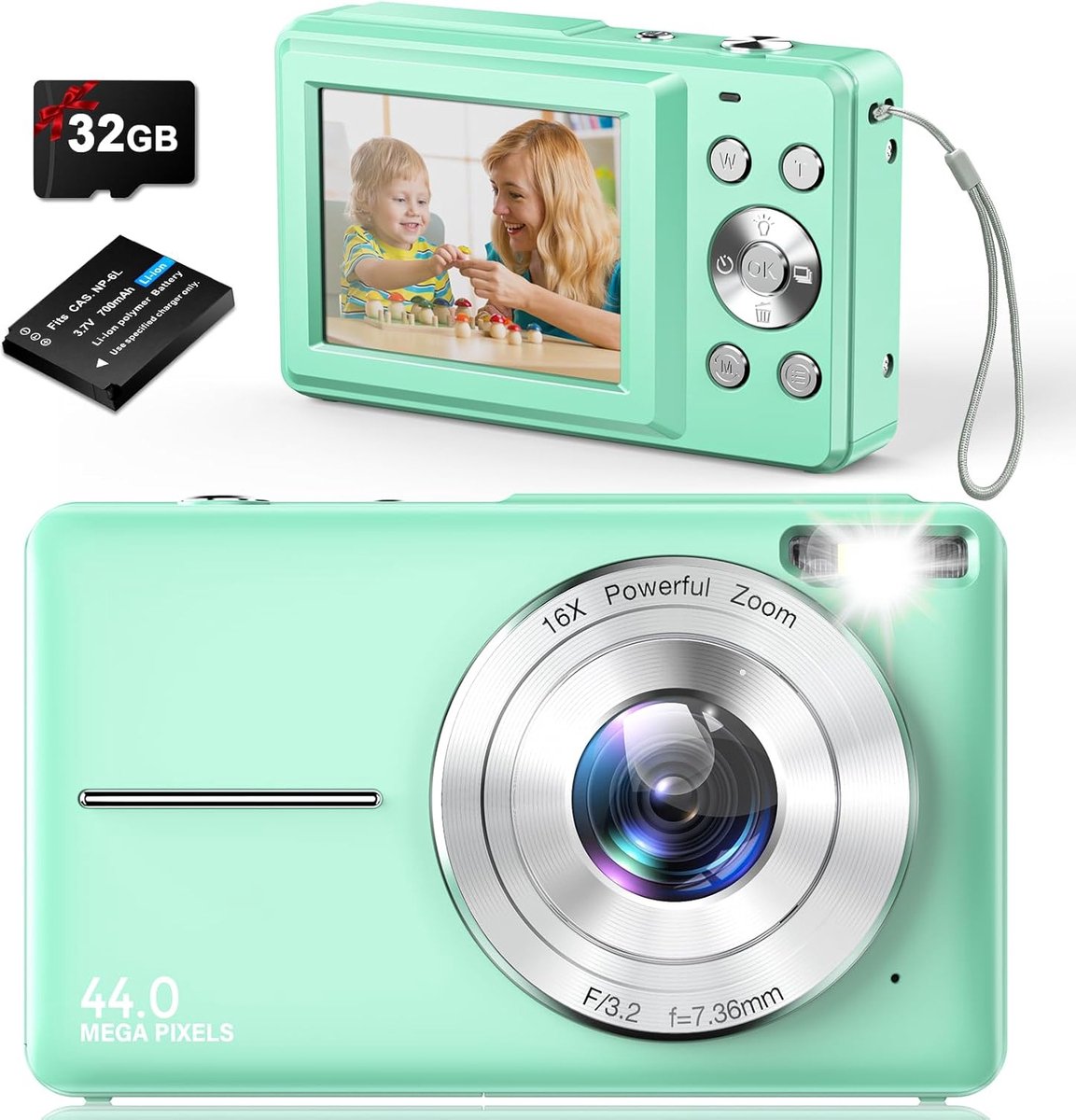 Digitale Compactcamera FHD 1080P - 44MP Digitale Camera met 16x Zoom - Inclusief 32GB Geheugenkaart - Geschikt voor Kinderen, Tieners, Volwassenen en Beginners - Groene Compactcamera