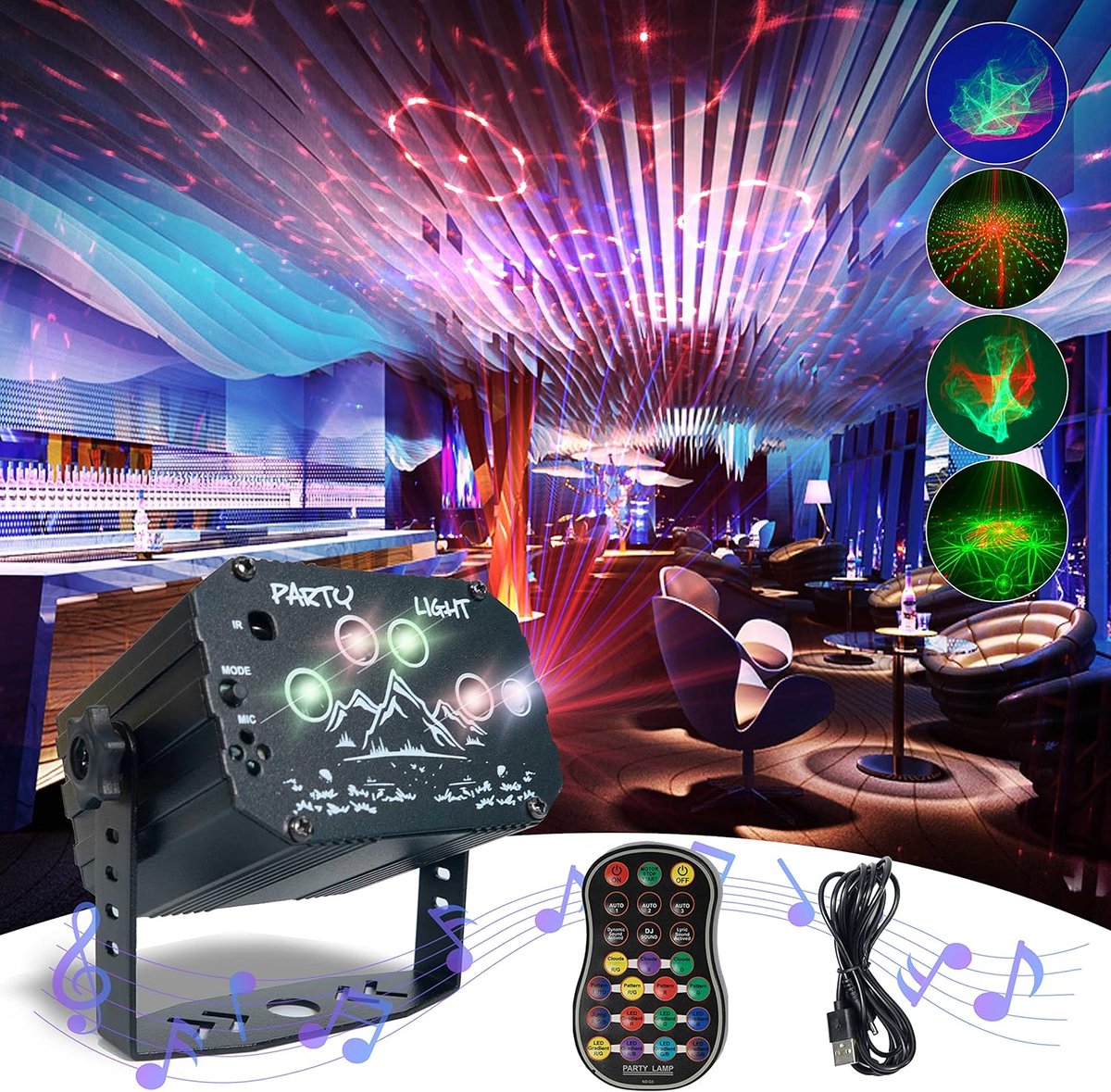 Draadloos Bediening Feestverlichting - 360° Draaiende Disco LED Licht - Geluids Geactiveerde Effecten - Ideaal voor Halloween, Kerstmis, Bruiloften, en Feesten - USB Aangedreven Party Licht
