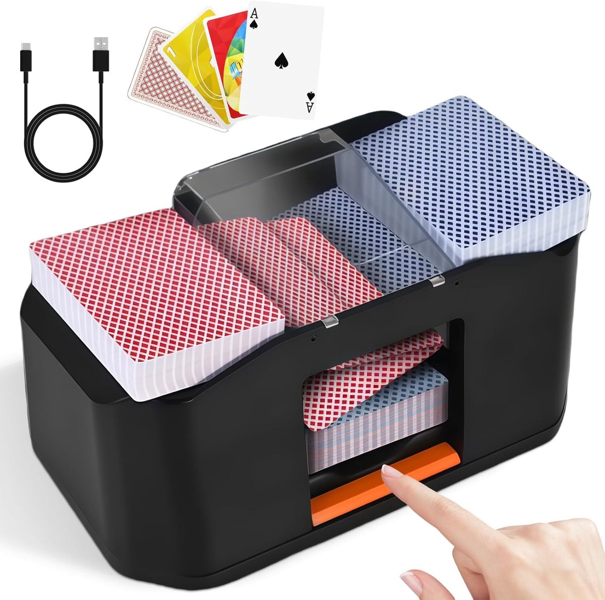 Elektrische Kaartenschudder - Automatische Kaart Mixer - Voor 1-2 Decks - Oplaadbare 2000 mAh Batterij - Stil Geluid - Poker, UNO, Blackjack, Skip-BO, Phase 10, Texas Holdem - Spel Kaart Accessoire - Game Night Mixer