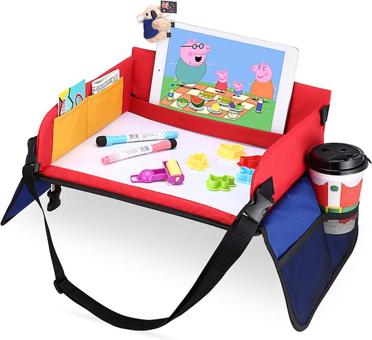 Knieblad voor Kinderen -   met Uitschrijfbaar Tekenbord en 6 Kleurrijke Potloden -   voor Spelen en Dineren - Autostoeltafel voor Buggys, Kinderwagens, Autos en Vliegtuigen