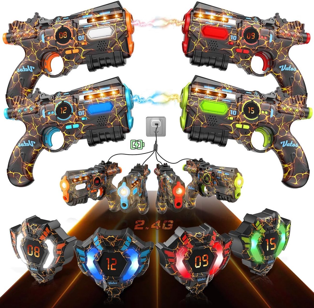 Laser Tag Set met 4 Laser Blasters en 4 Vesten - Oplaadbaar Speelgoed - 2.4GHz Gesynchroniseerd Systeem - 4 Spelers - Indoor & Outdoor Laser Game - Kinderen en Volwassenen - Interactief Speelgoed - Perfect voor Verjaardag & Feestjes