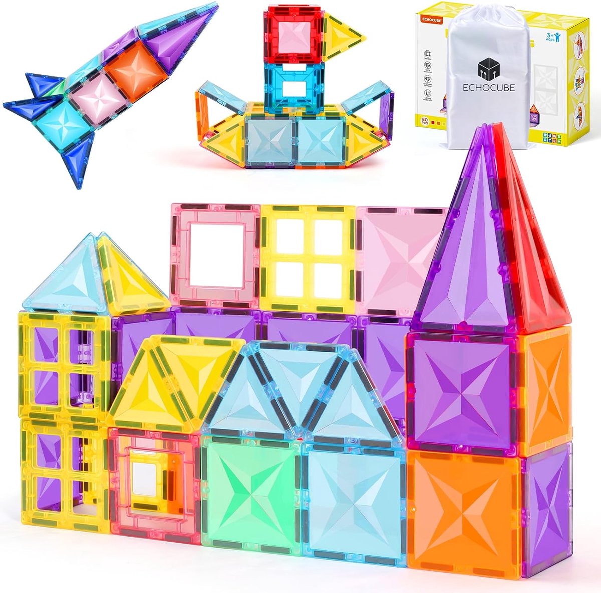 Magnetisch Blokken Bouwset voor Kinderen – 60-delige Educatieve Constructieset – Magnetisch Speelgoed vanaf 3 Jaar – Creatieve Bouwstenen – Cadeau voor Jongens en Meisjes – Magnetische Tegels – Educatief Speelgoed