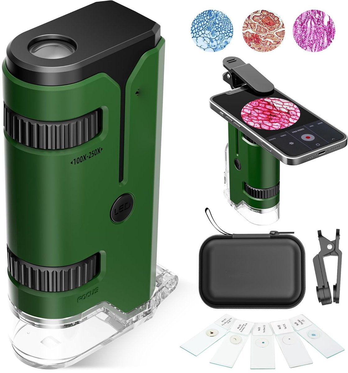 Mini Zakmicroscoop 100x-250x - Handheld Microscoop met 5 Microscoopglaasjes - Smartphone Adapter - Wetenschappelijk Microscoop Set voor Kinderen en Volwassenen - Ideaal voor Onderwijs en Laboratorium - Groen