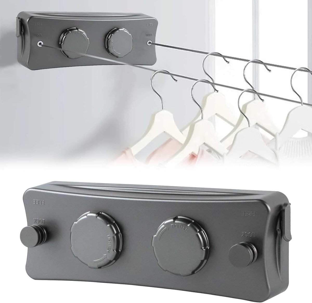 Retractable Clothesline - Inklapbare Waslijn - Dubbele Waslijn - Onzichtbare Waslijn van RVS - Verstelbaar - 2 x 5,1 m - Ideaal voor Binnen en Buiten - Witte Kleur - Ruimtebesparend - Perfect voor Kleine Huishoudens