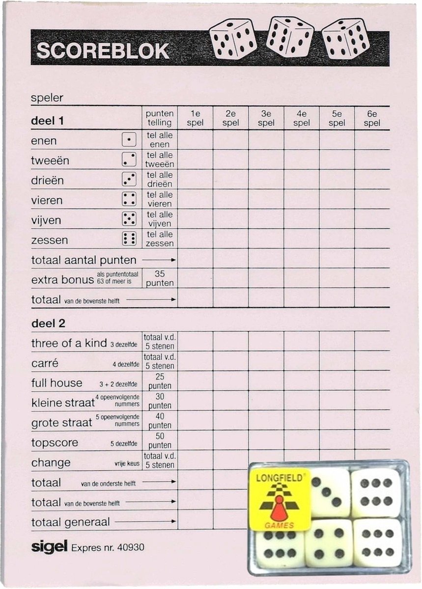 Yahtzee spel accessoires set 100 vellen scoreblok/6 dobbelstenen - Familiespellen - Dobbelspellen - Dobbelspel