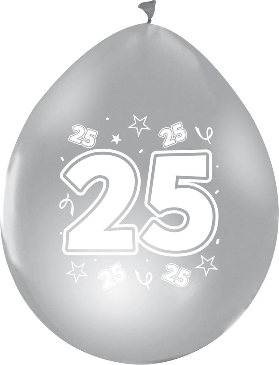 8 Ballonnen 12″ Metallic Zilver 2 Zijdig Bedrukt ’25’