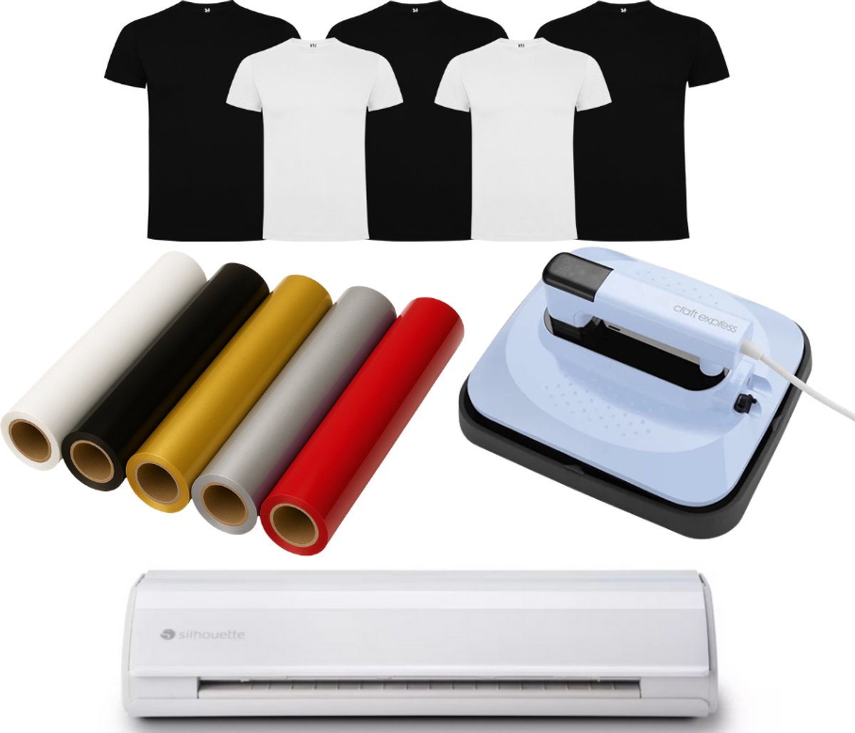 Silhouette Cameo 5 – Starset Textiel Bedrukken – Wit – Craft Express Handpers – 8 vellen Flexfolie Mix – 3 Witte & 3 Zwarte Roly Dogo Premium T-shirts