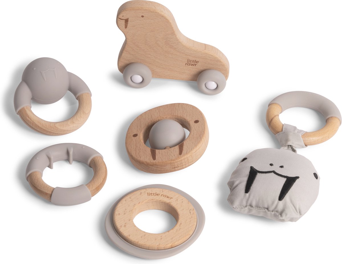 Silibaby – Bijtringen voor Babys – Houten Speelgoed met Silicone – Bijtspeelgoed - Set van 6 - Grijs