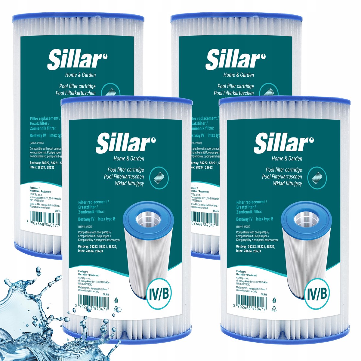 Sillar, filter cartridge, zwembadfilters voor filterpomp, vervanging Bestway Type IV 58095 / Intex Type B 29005, 4 stuks