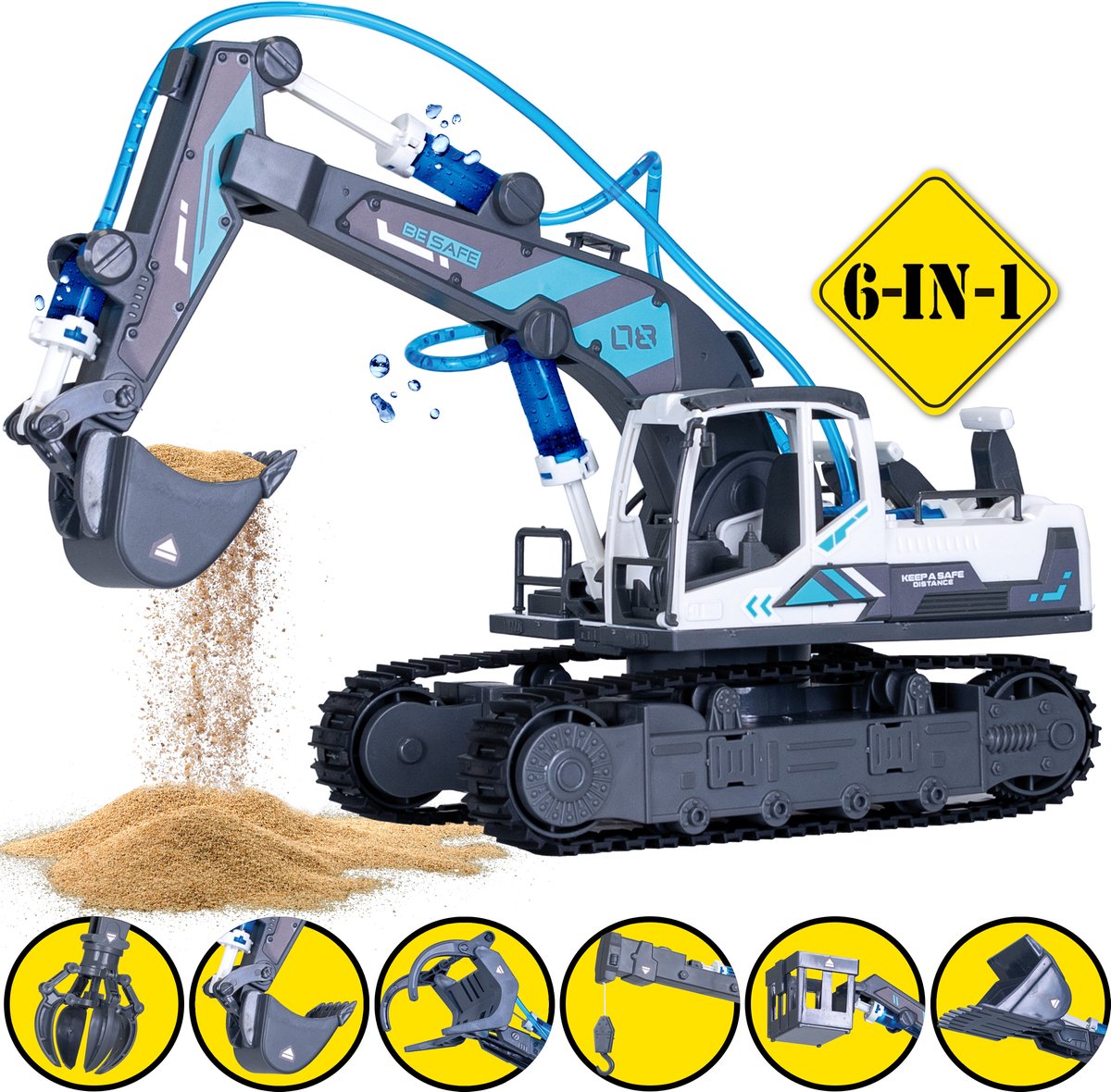 Graafmachine Speelgoed 6 in 1 - Hijskraan - Graafmachine - Grijpmachine - Houtlader - Bulldozer - Hoogwerker - Educatief - Constructie - Montessori - Hydraulisch - Zandbak - Bouwpakket voor Kinderen - Blauw - Silvergear