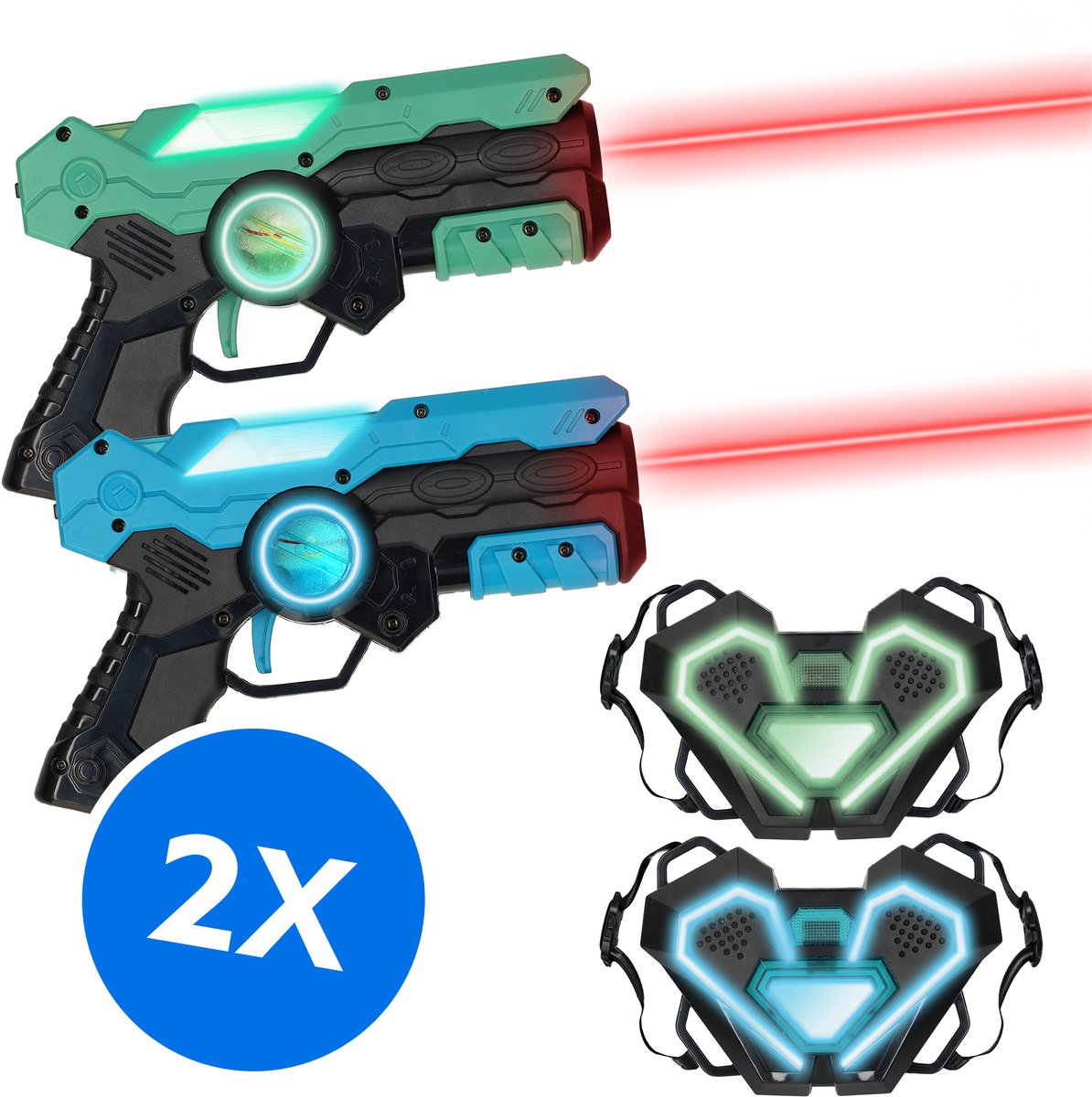   Lasergame Set voor Kinderen 2-pack met 4 Laserguns en 4 Vesten - Interactief Speelgoed Pistool - Schietspel - Laser Tag Battle - Buitenspeelgoed - Cadeau voor Jongens en Meisjes - Vanaf 6 Jaar - Blauw en Groen